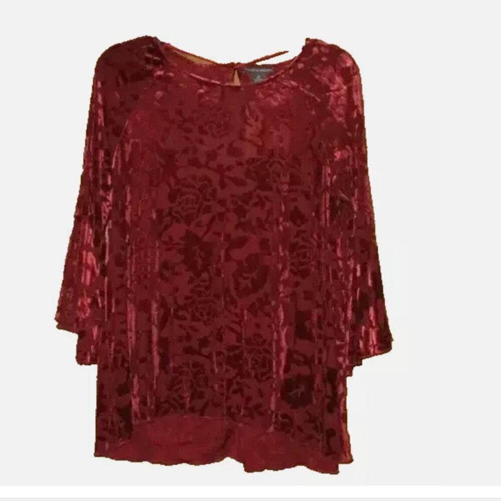 Dark Red Velvet Tunic Pullover Blouse Floral Top M NWT Bell Sleeves Nylon Rayon